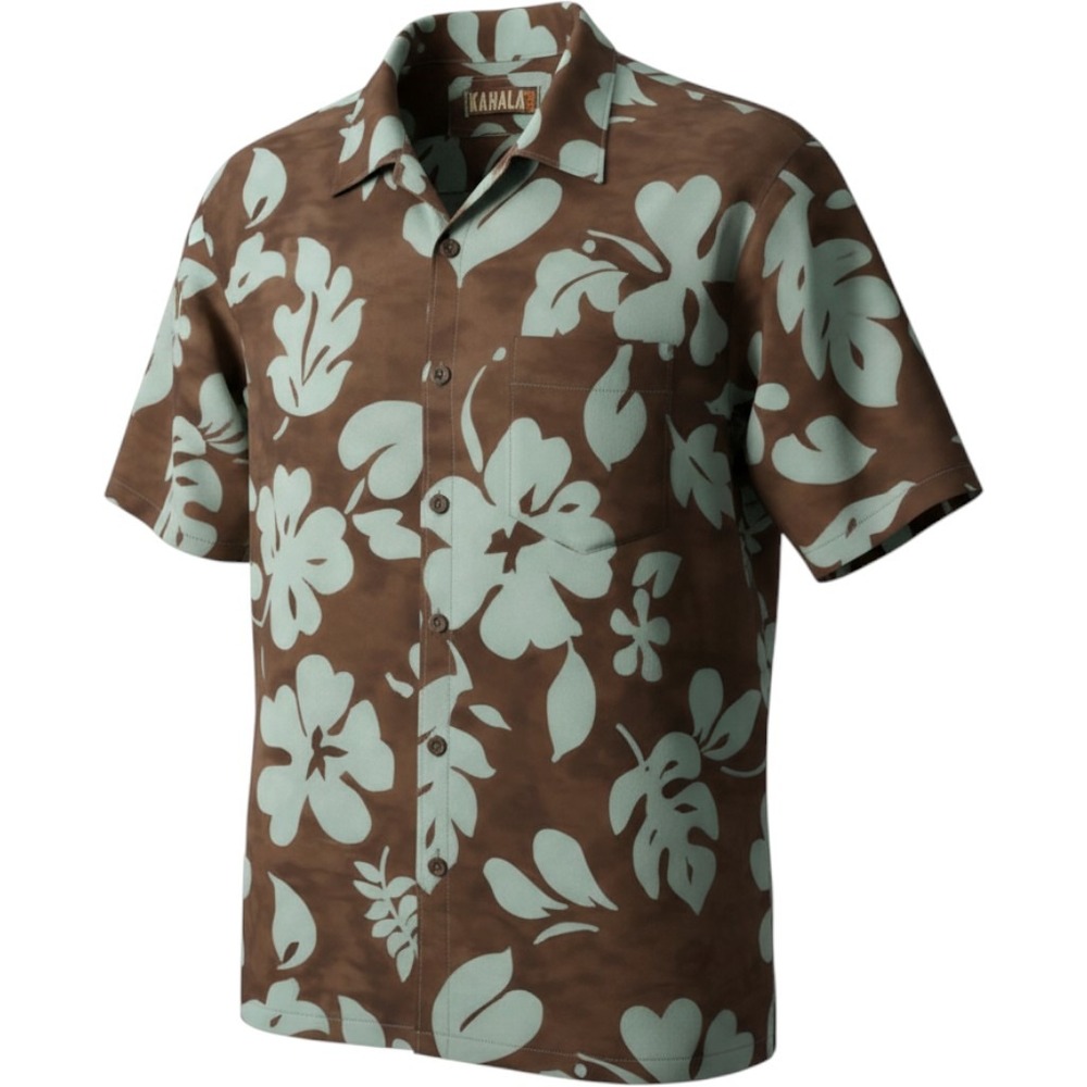 Kahala Shirt Button Up Mens XL Brown Blue Floral Cotton Short Sleeve